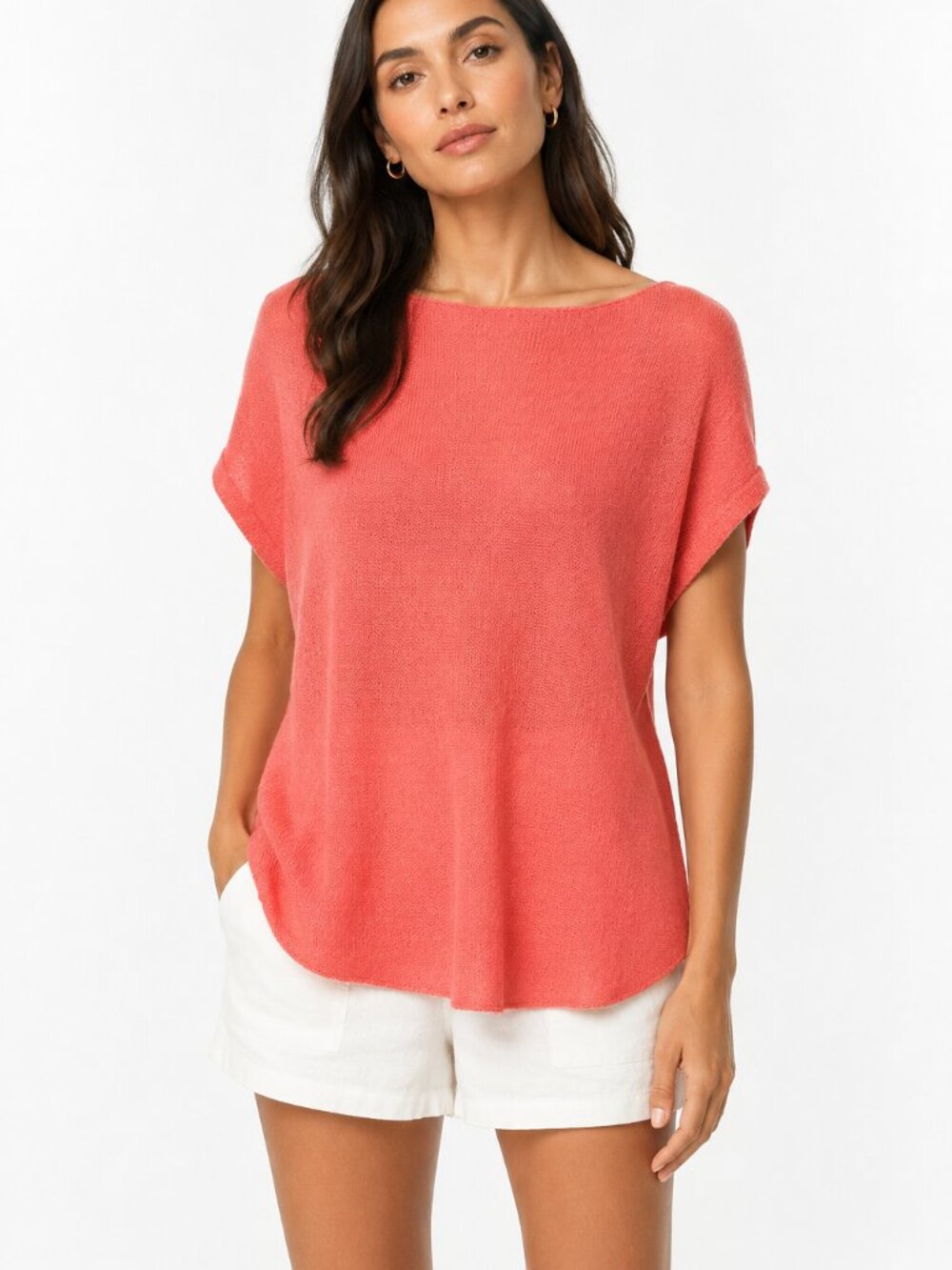 EILEEN FISHER NEON CORAL 100% ORGANIC LINEN OPEN KNIT SHORT TEE TOP - XS
